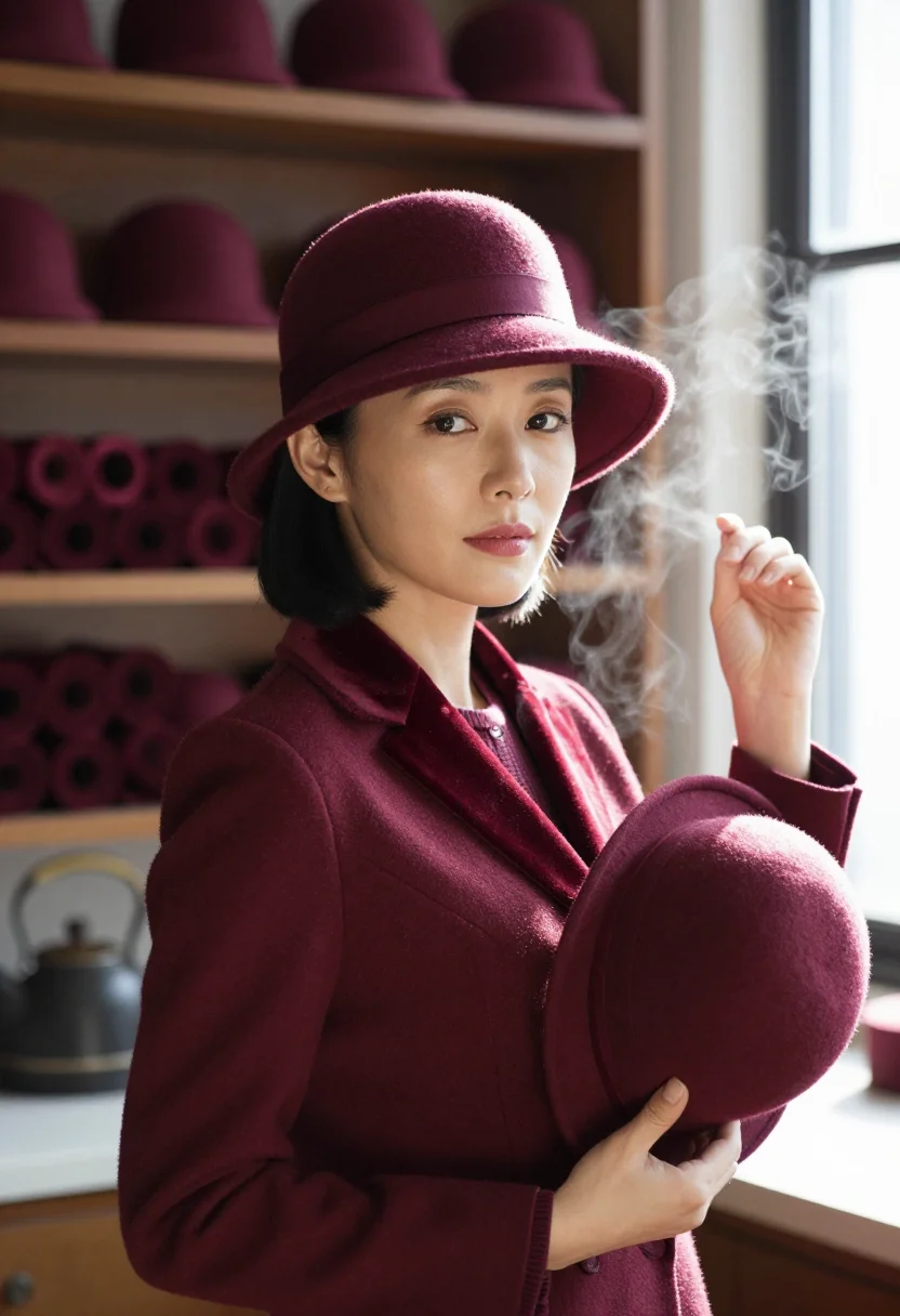 AI milliner felt claret sample — portrait of a woman, framed chest-up from the ribs with the