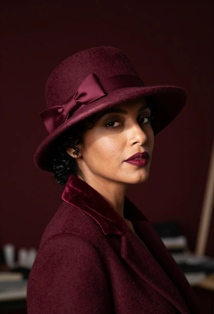 AI milliner felt claret sample — portrait of a woman, framed head and shoulders, tighter, the