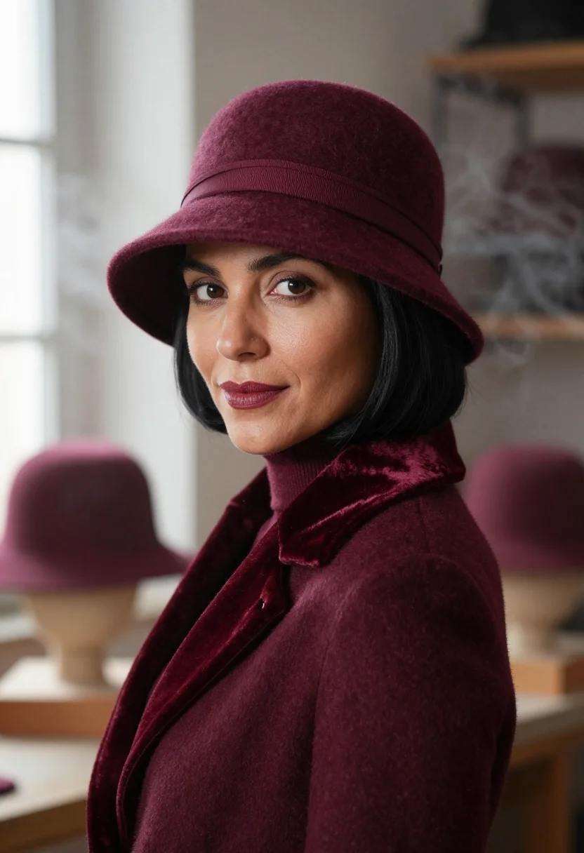 AI milliner felt claret sample — portrait of a woman, framed head and shoulders, tighter, the