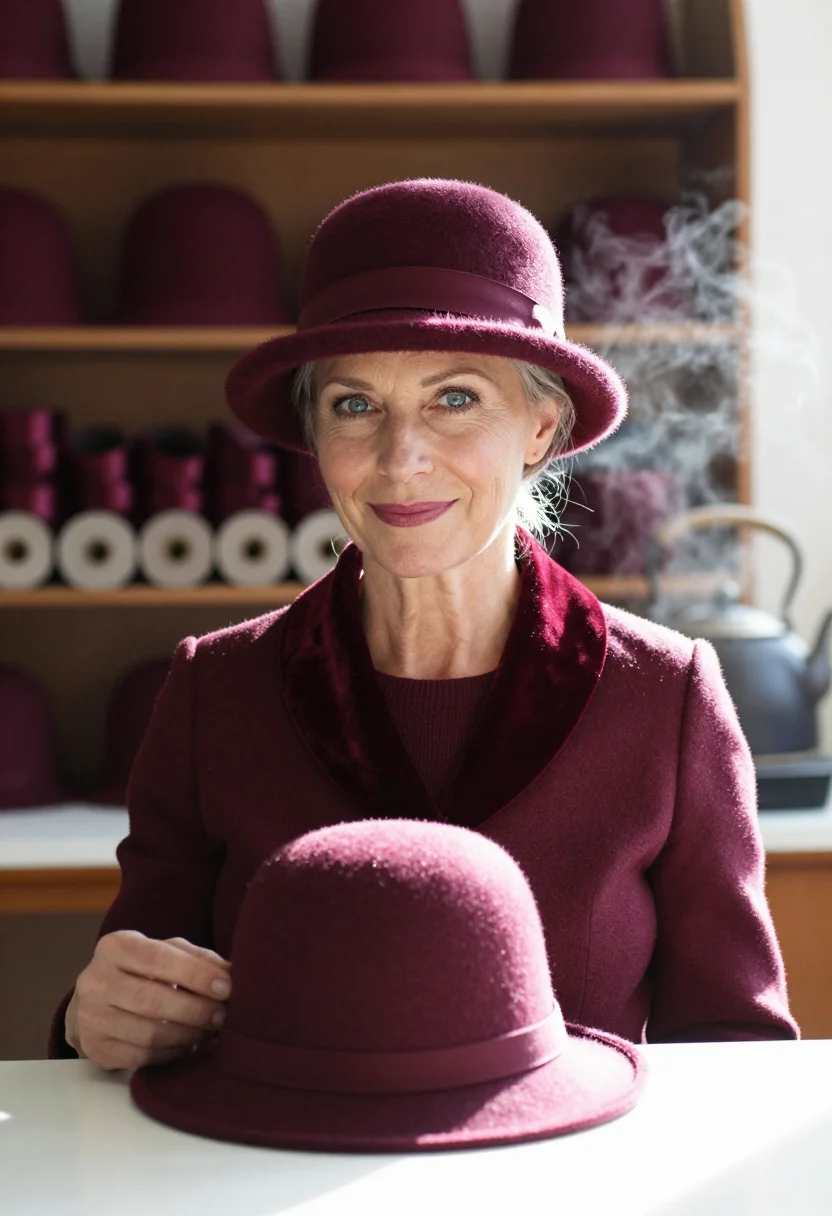 AI milliner felt claret sample — portrait of a woman, framed head and shoulders, tighter, the