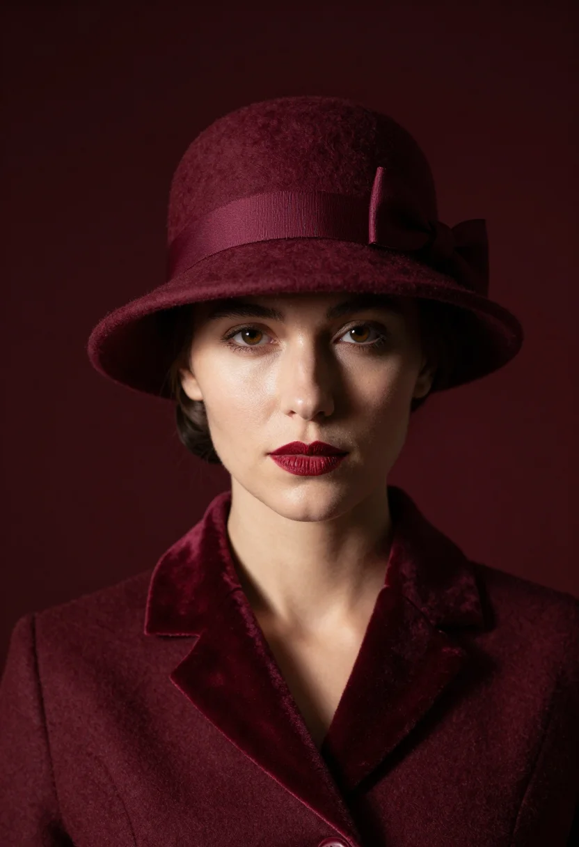 AI milliner felt claret sample — portrait of a woman, framed chest-up from the ribs with the
