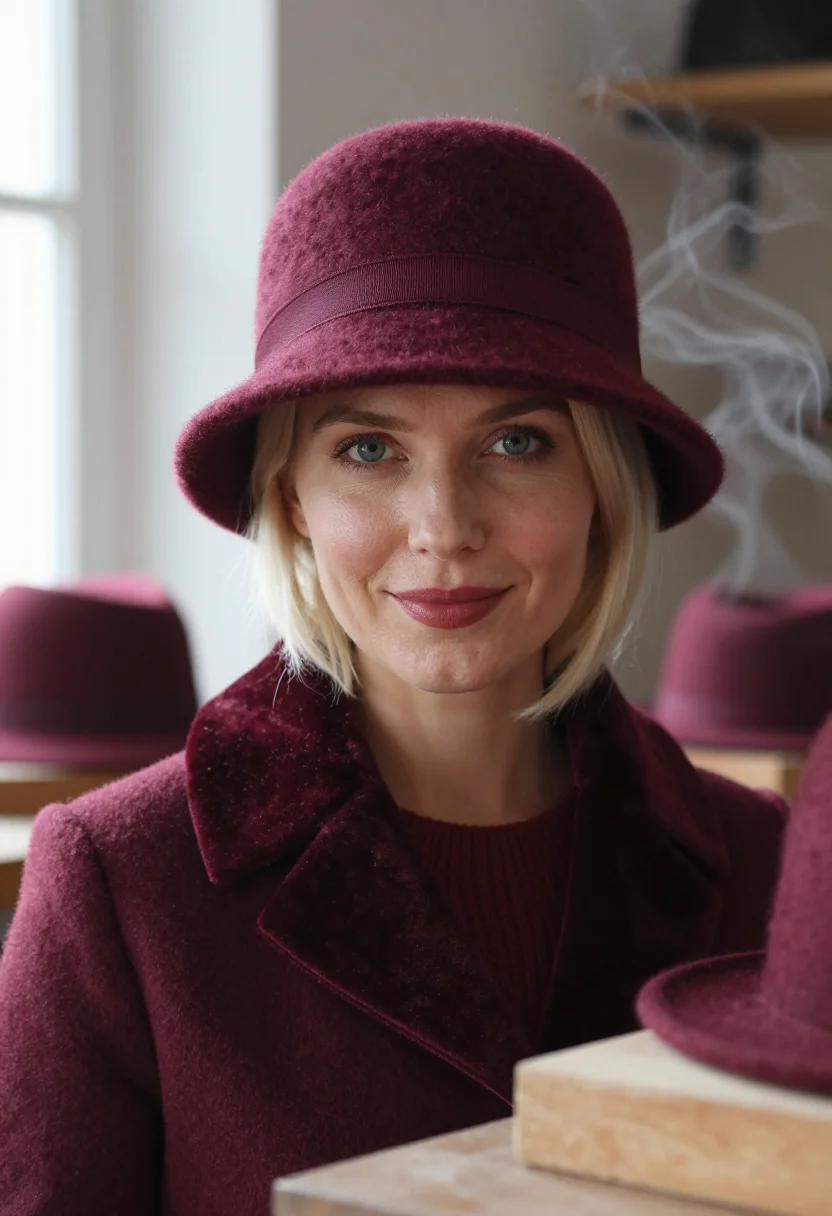 AI milliner felt claret sample — portrait of a woman, framed tight on the head, the body clos
