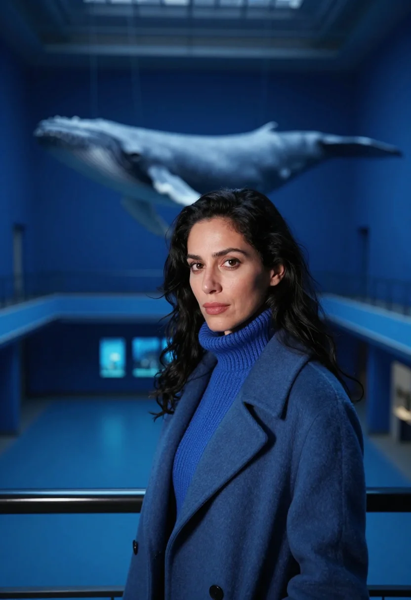 AI milstein hall blue whale january sample — portrait of a woman, framed tight, head and shoulders, the b