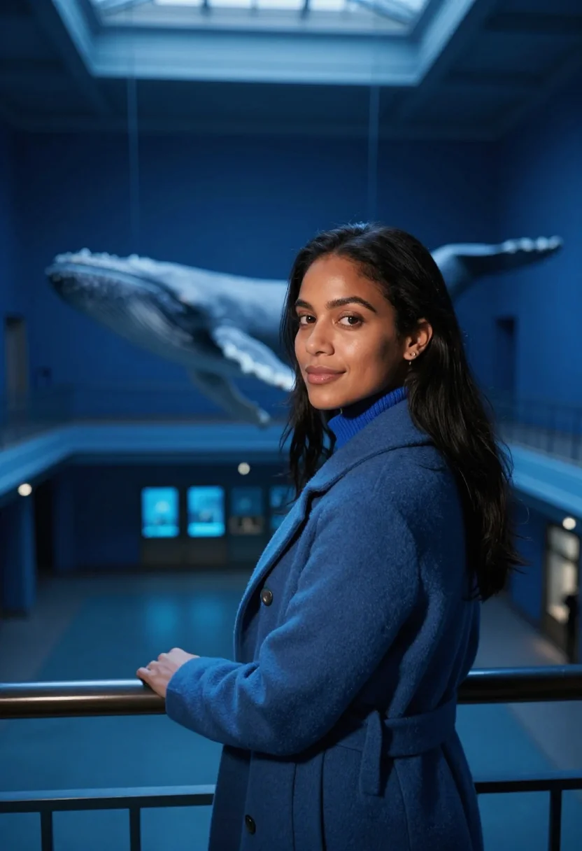 AI milstein hall blue whale january sample — portrait of a woman, framed chest-up, cropped at the ribs, t