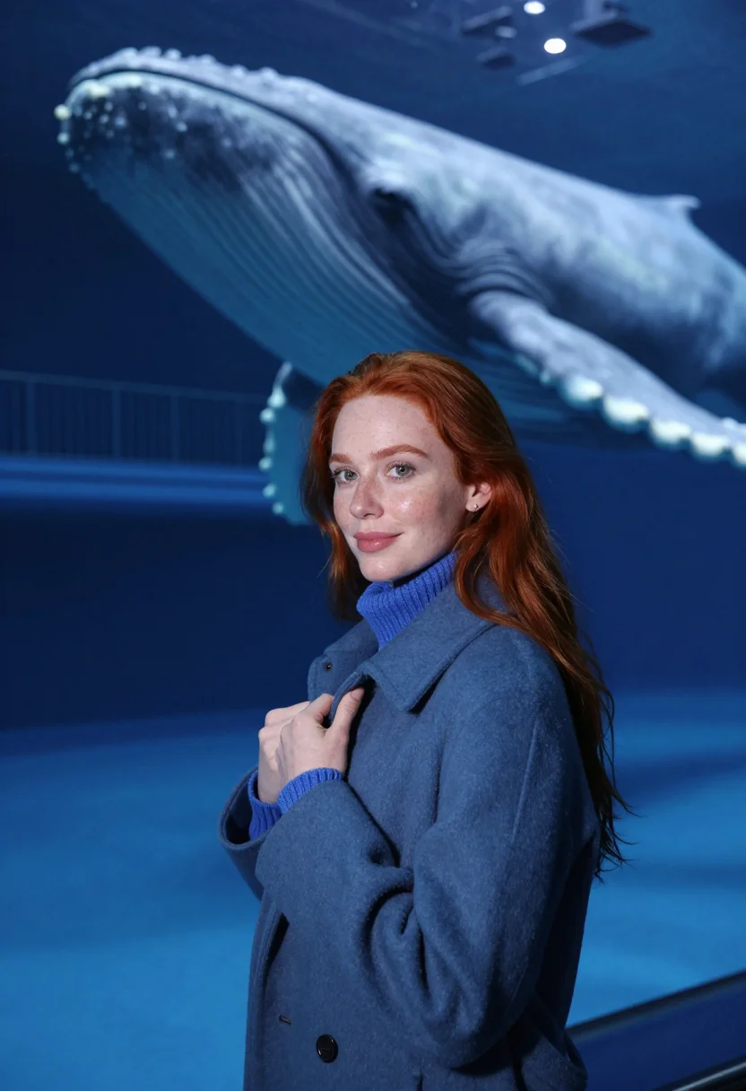 AI milstein hall blue whale january sample — portrait of a woman, framed chest-up, cropped at the ribs, t
