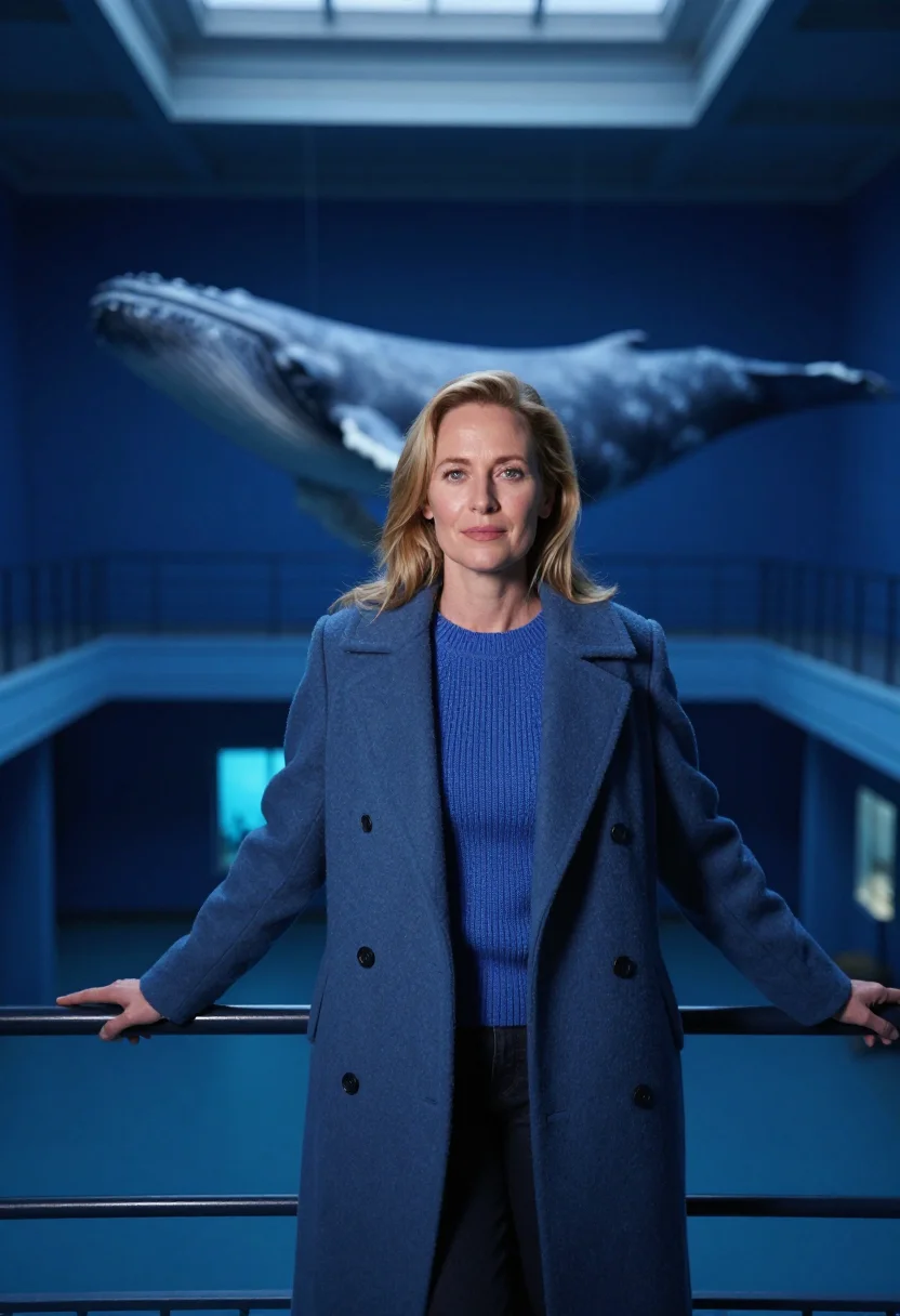 AI milstein hall blue whale january sample — portrait of a woman, framed three-quarter length from the he