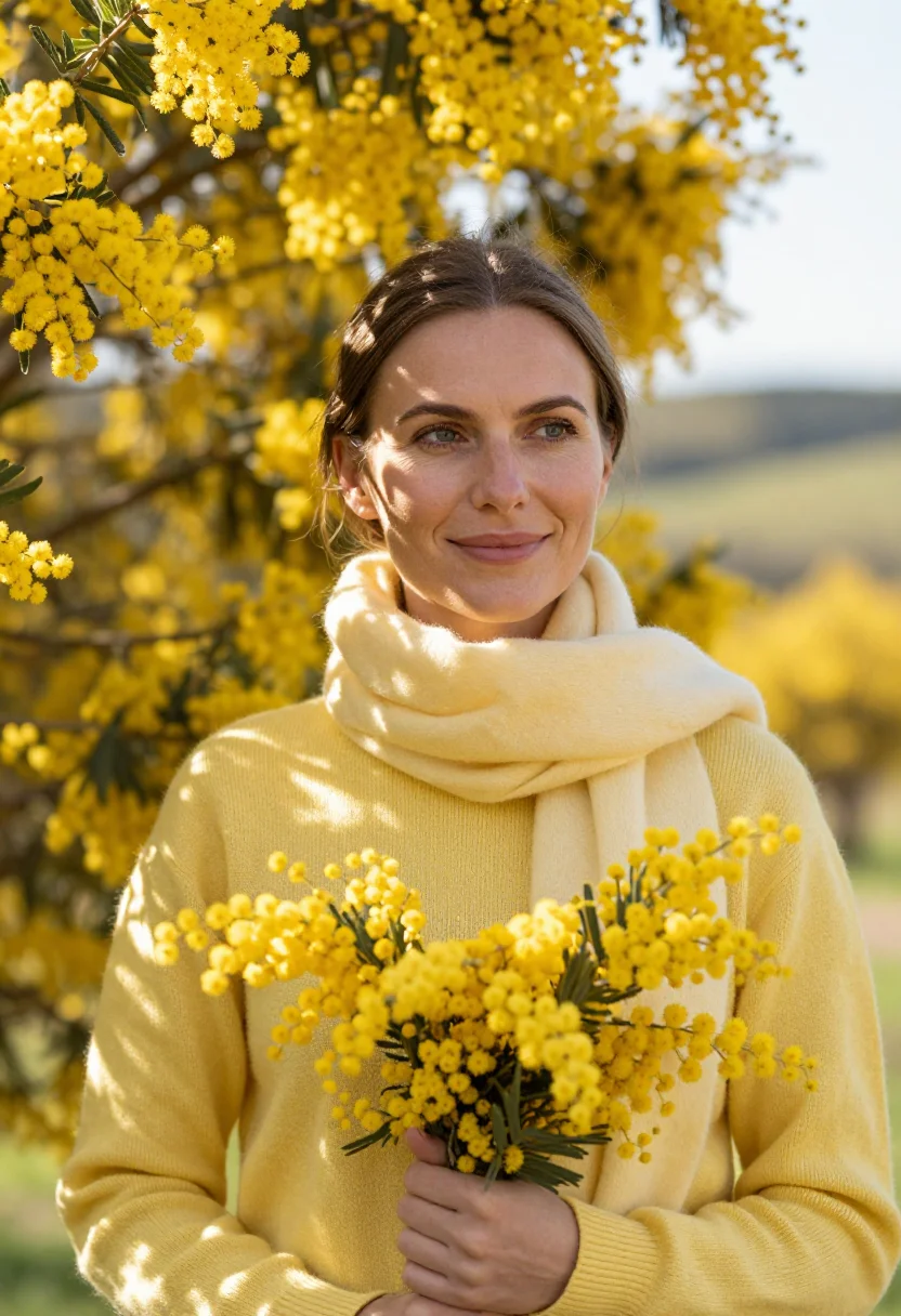 AI mimosa february yellow sample — portrait of a woman, tight head-and-shoulders portrait of a