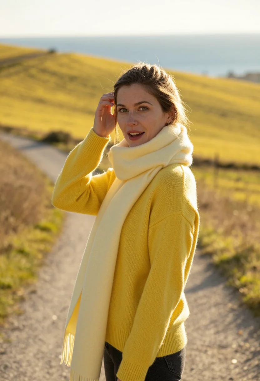 AI mimosa february yellow sample — portrait of a woman, ribs-up portrait of a Western-European