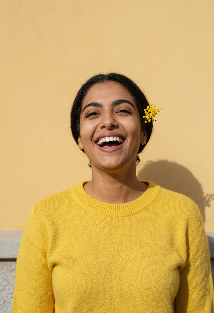 AI mimosa february yellow sample — portrait of a woman, tight head-and-shoulders portrait of a