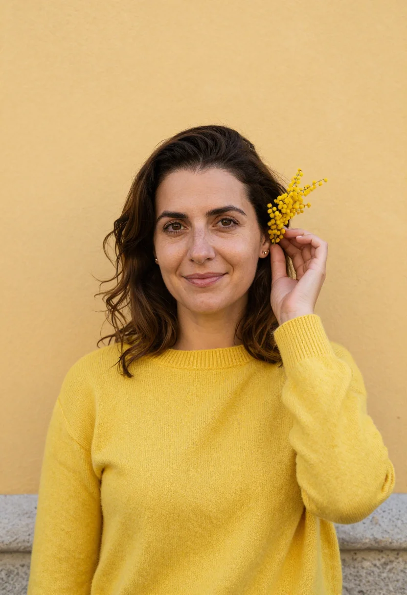AI mimosa february yellow sample — portrait of a woman, head-and-shoulders portrait of a Wester
