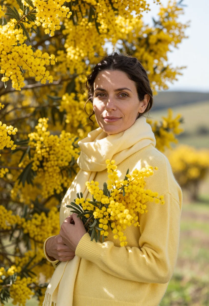 AI mimosa february yellow sample — portrait of a woman, ribs-up portrait of a Southern-European