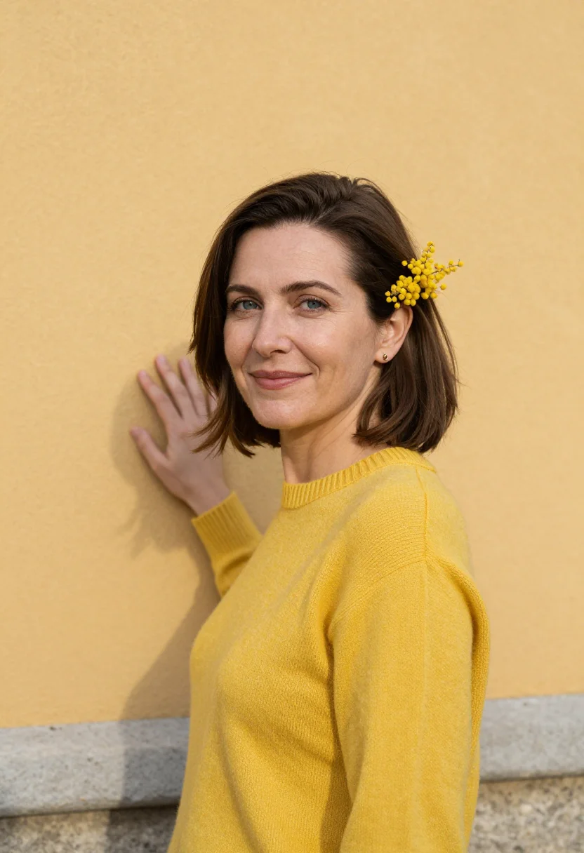 AI mimosa february yellow sample — portrait of a woman, head-and-shoulders portrait of a Wester