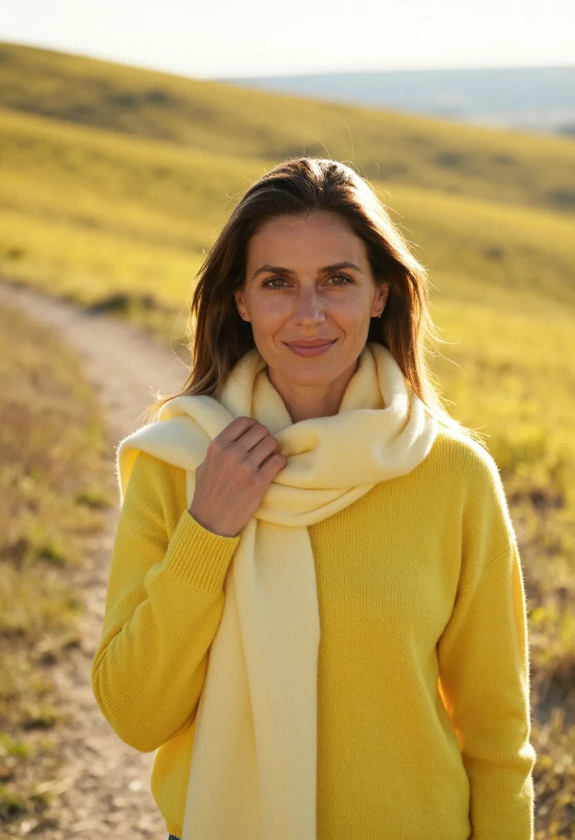 AI mimosa february yellow sample — portrait of a woman, chest-up portrait of a Western-European