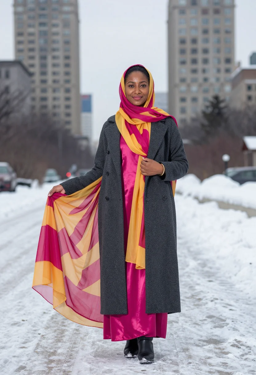AI minneapolis dirac sample — portrait of a woman, a full-length winter street portrait of