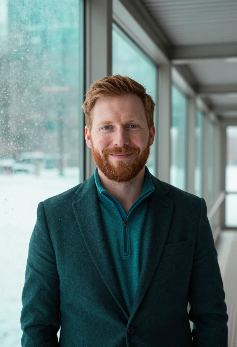 AI minneapolis skyway teal sample — portrait of a man, framed head and shoulders, tighter, the b
