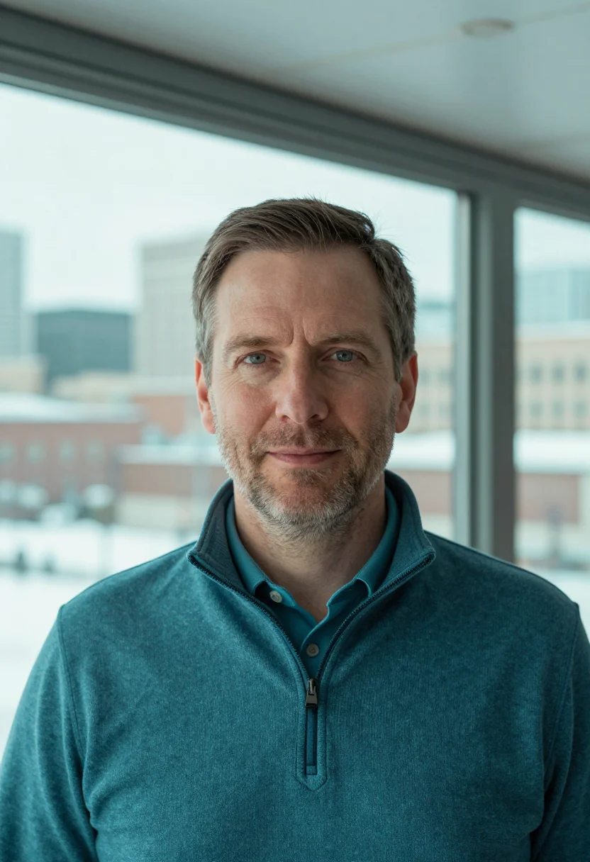 AI minneapolis skyway teal sample — portrait of a man, framed head and shoulders, tighter, the b