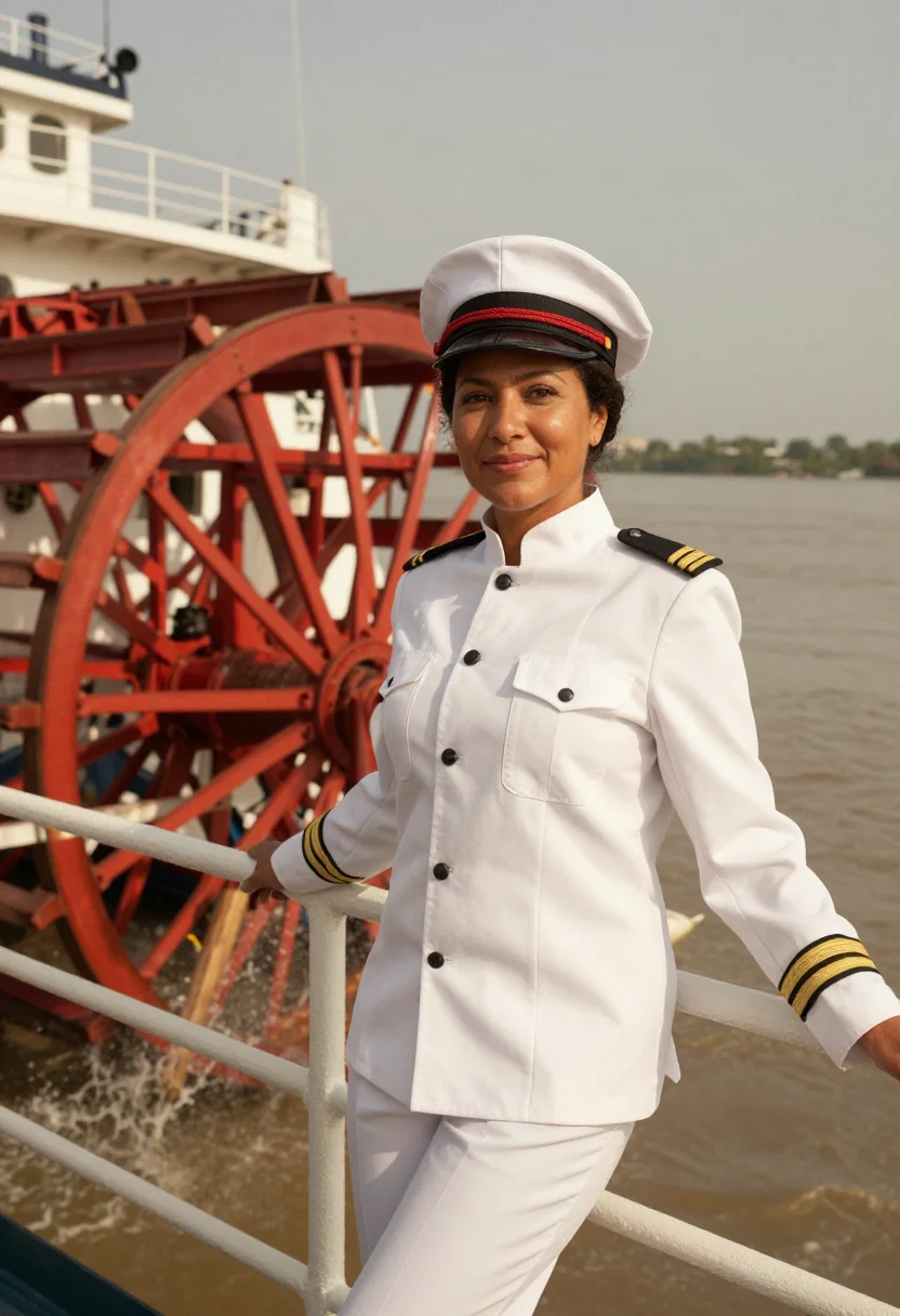 AI mississippi riverboat captain paddlewheel red sample — portrait of a woman, Louisiana Creole, in her early forties,