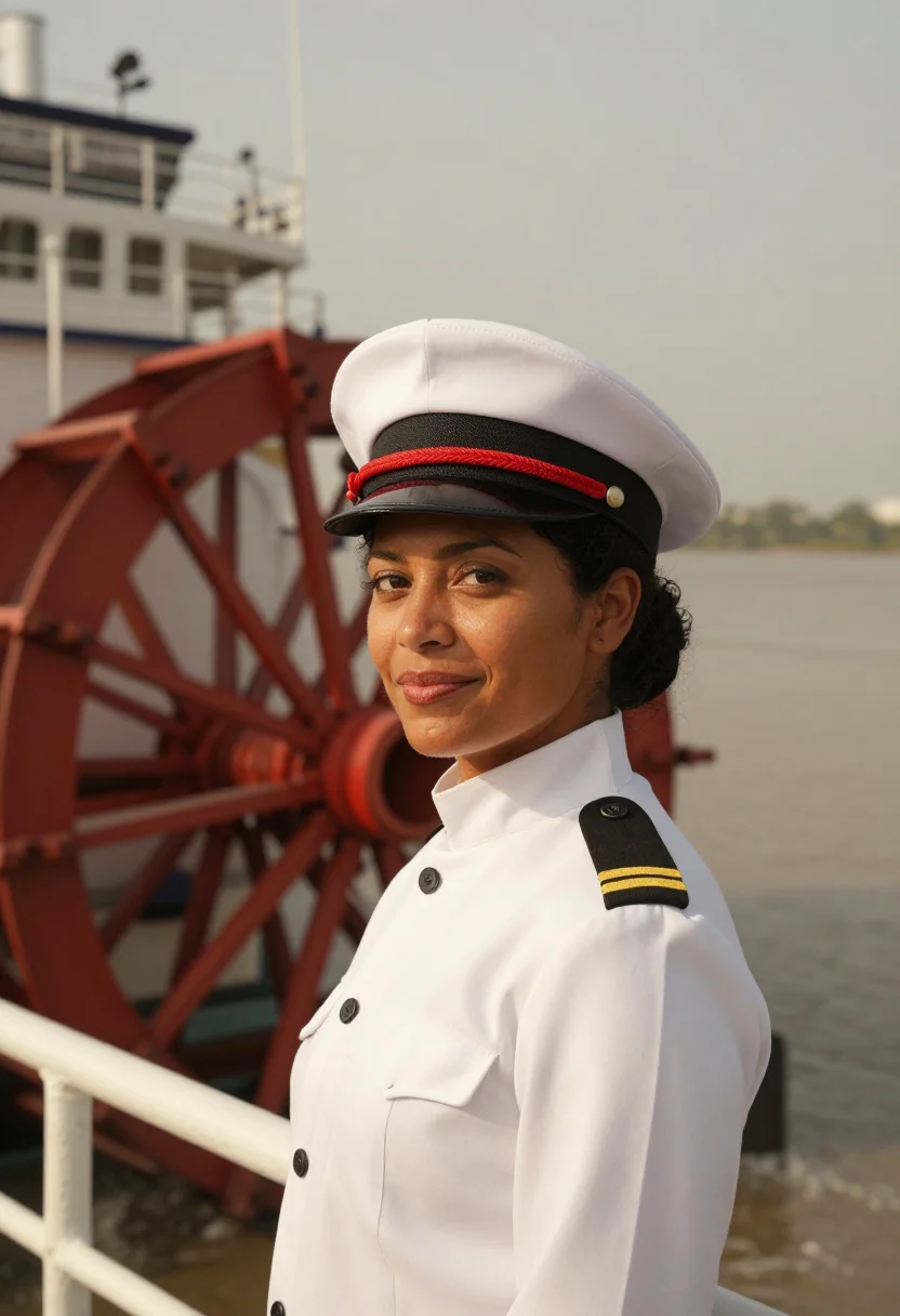 AI mississippi riverboat captain paddlewheel red sample — portrait of a woman, Louisiana Creole, in her early forties,