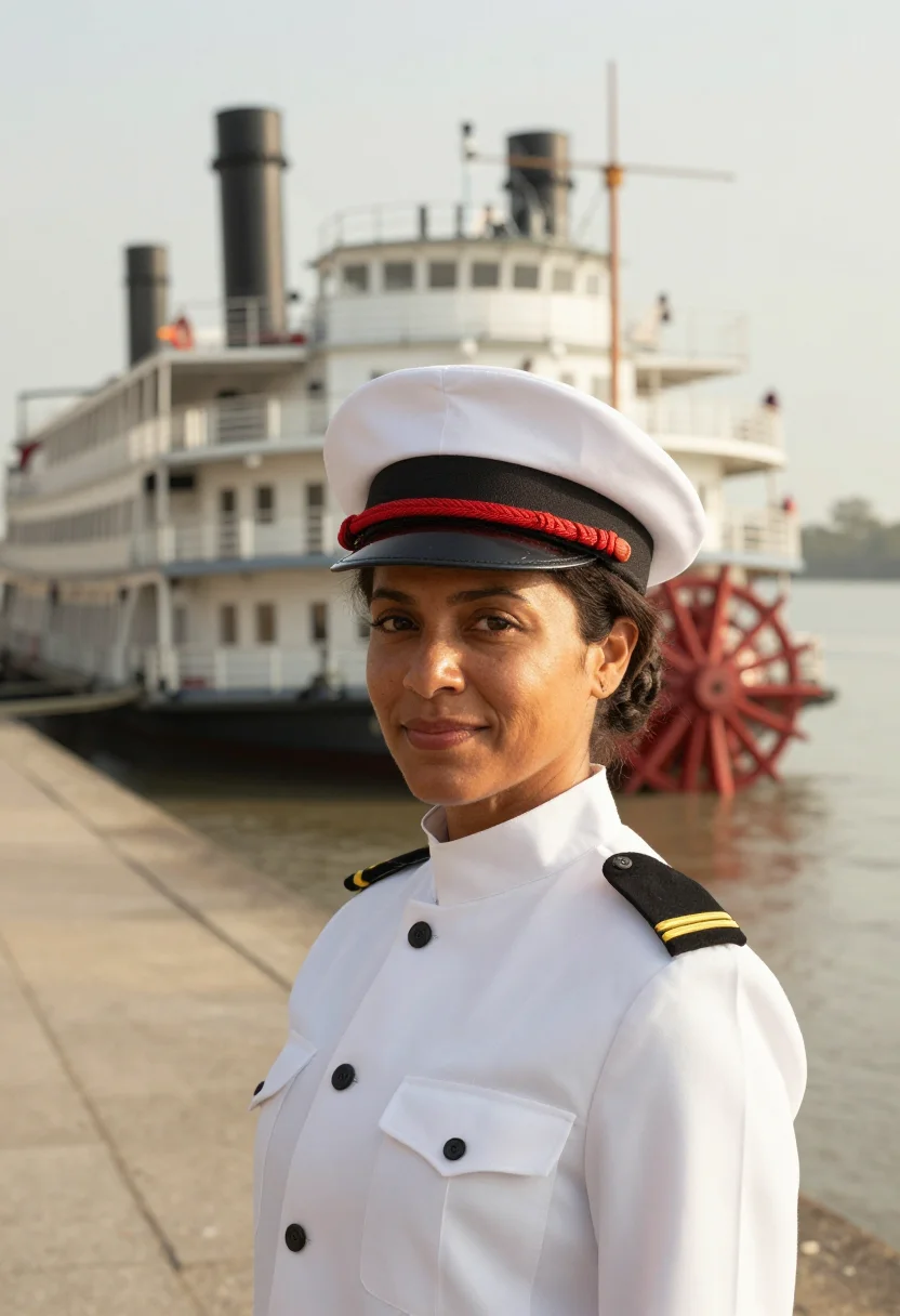 AI mississippi riverboat captain paddlewheel red sample — portrait of a woman, Louisiana Creole, in her early forties,