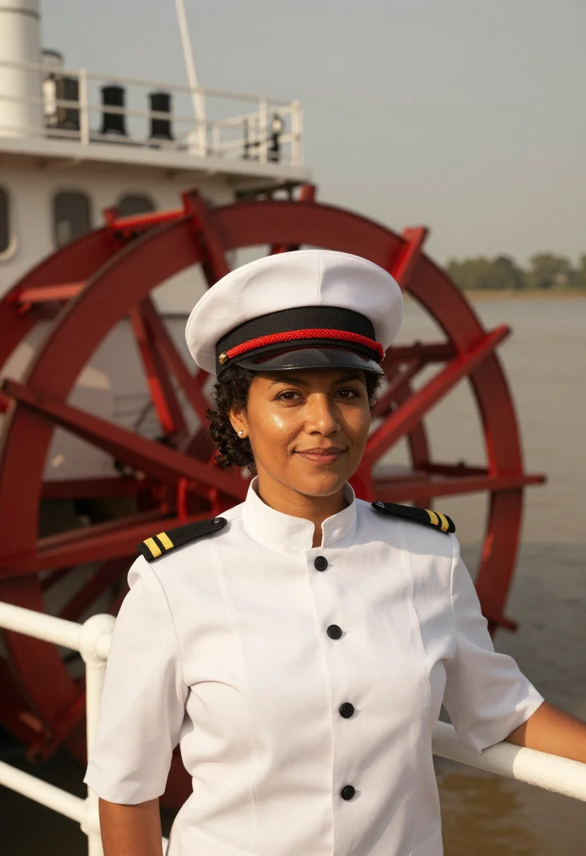 AI mississippi riverboat captain paddlewheel red sample — portrait of a woman, Louisiana Creole, in her early forties,