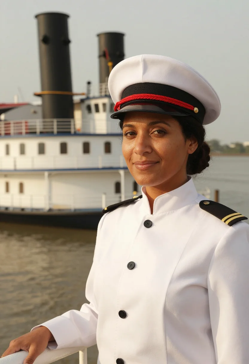 AI mississippi riverboat captain paddlewheel red sample — portrait of a woman, Louisiana Creole, in her early forties,