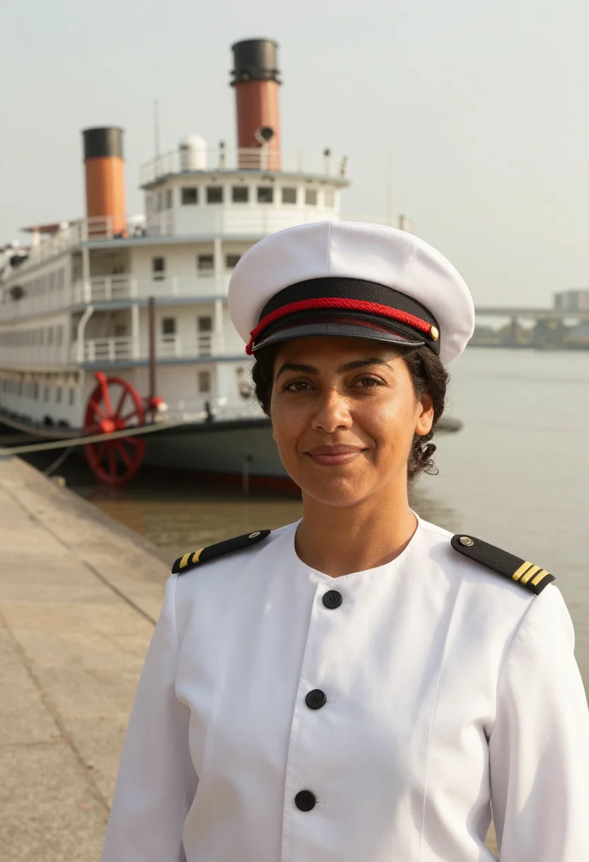 AI mississippi riverboat captain paddlewheel red sample — portrait of a woman, Louisiana Creole, in her early forties,