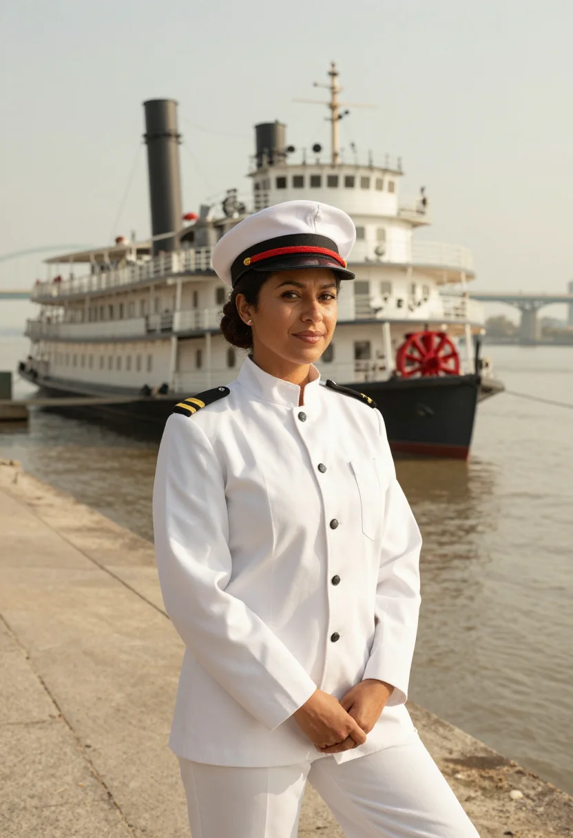 AI mississippi riverboat captain paddlewheel red sample — portrait of a woman, Louisiana Creole, in her early forties,