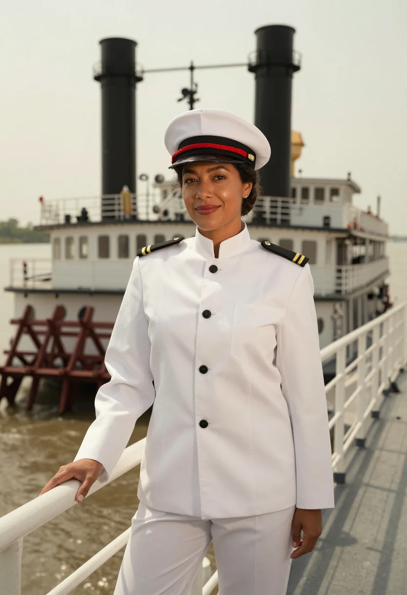 AI mississippi riverboat captain paddlewheel red sample — portrait of a woman, Louisiana Creole, in her early forties,