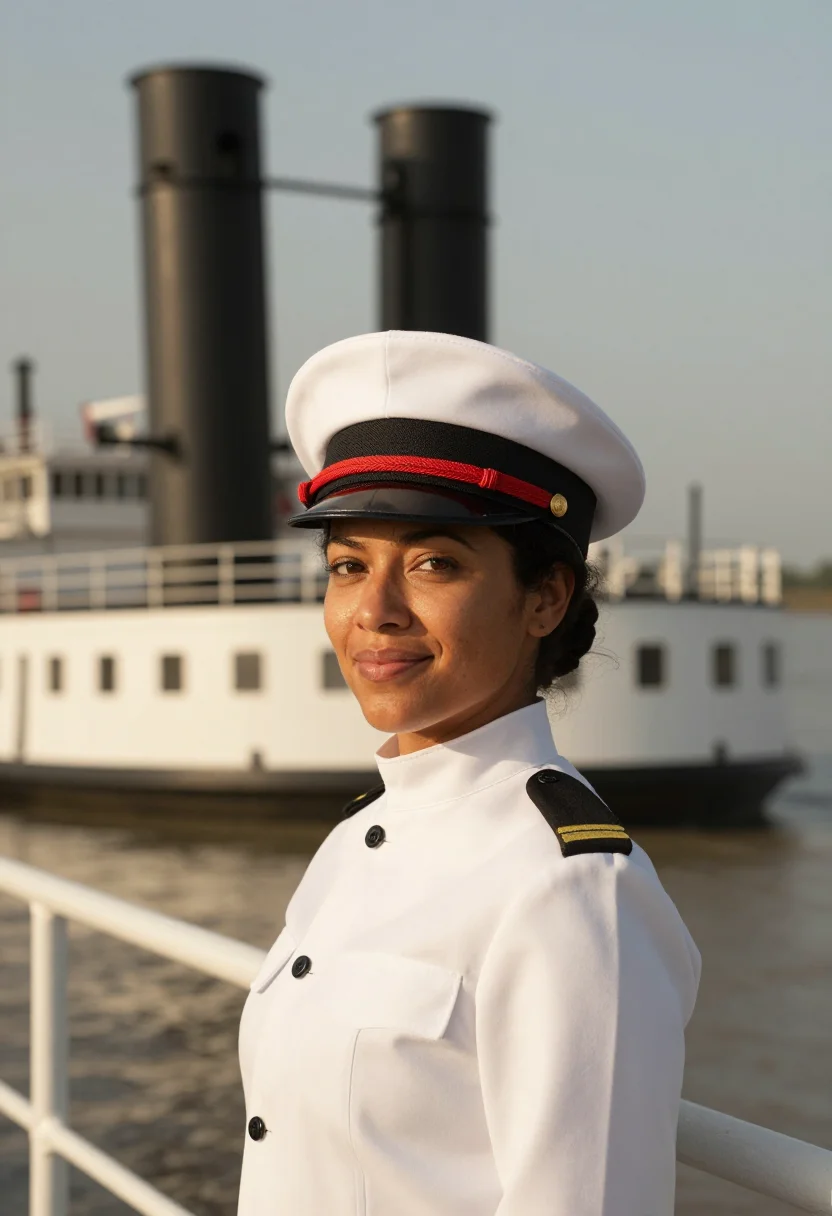 AI mississippi riverboat captain paddlewheel red sample — portrait of a woman, Louisiana Creole, in her early forties,