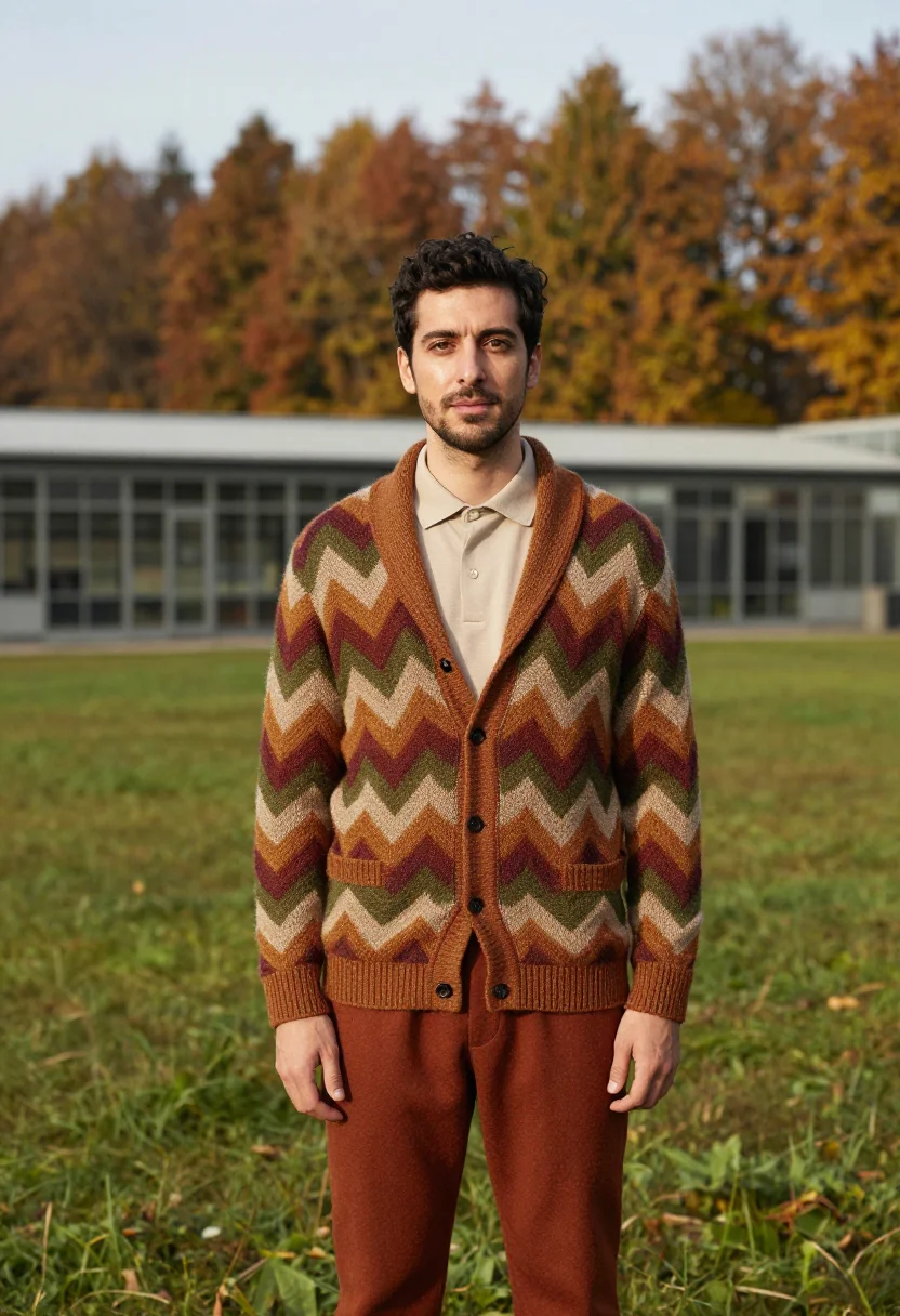 AI missoni sumirago zigzag knit autumn palette men sample — portrait of a man, a northern Italian man in his late thirti