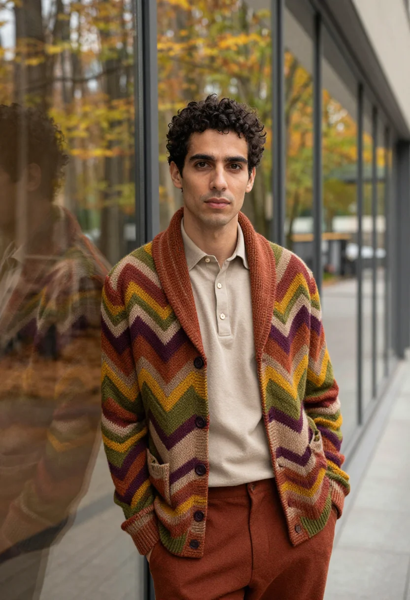 AI missoni sumirago zigzag knit autumn palette men sample — portrait of a man, a Milanese man in his late twenties with