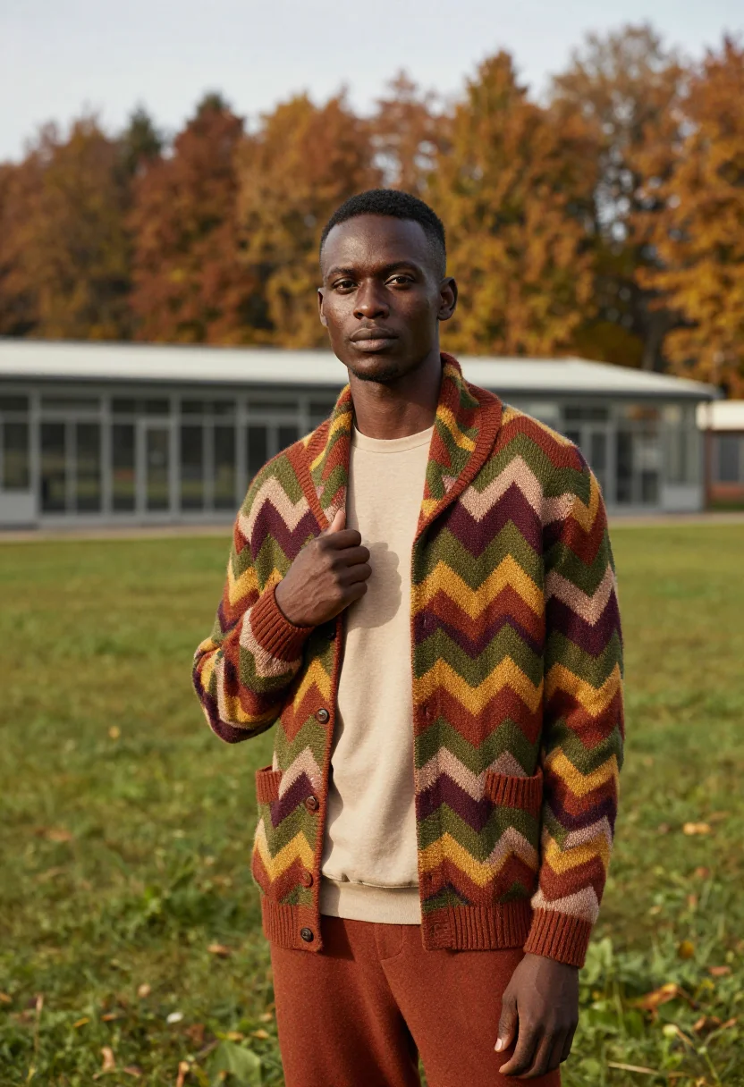 AI missoni sumirago zigzag knit autumn palette men sample — portrait of a man, a Senegalese-Italian man in his late twen