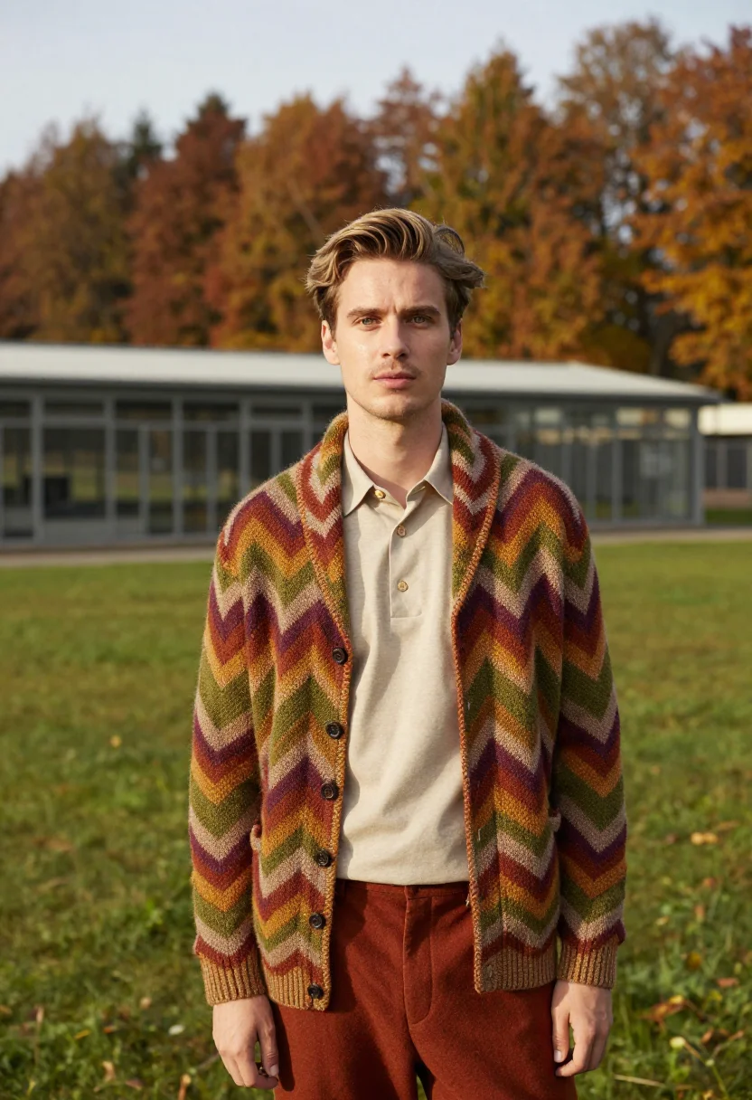 AI missoni sumirago zigzag knit autumn palette men sample — portrait of a man, an Austrian man in his early thirties wit