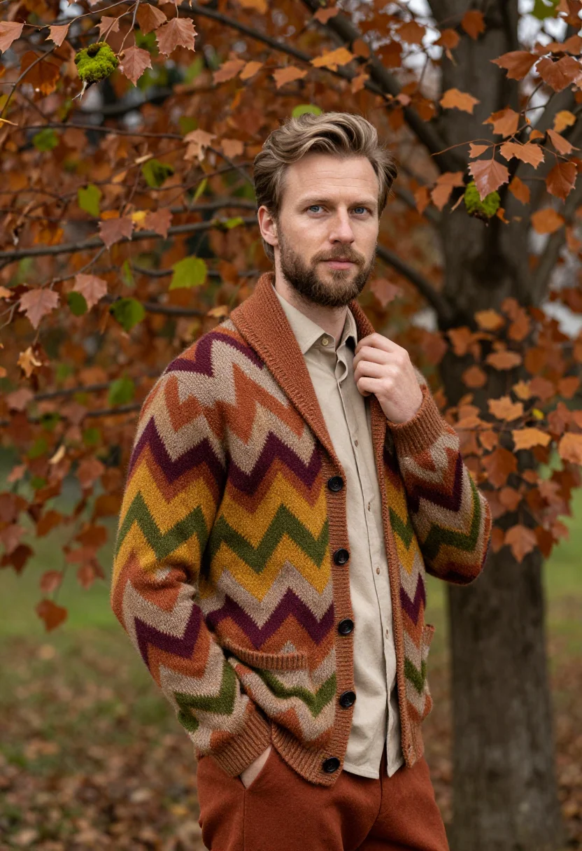 AI missoni sumirago zigzag knit autumn palette men sample — portrait of a man, a Swiss man in his late thirties with fai