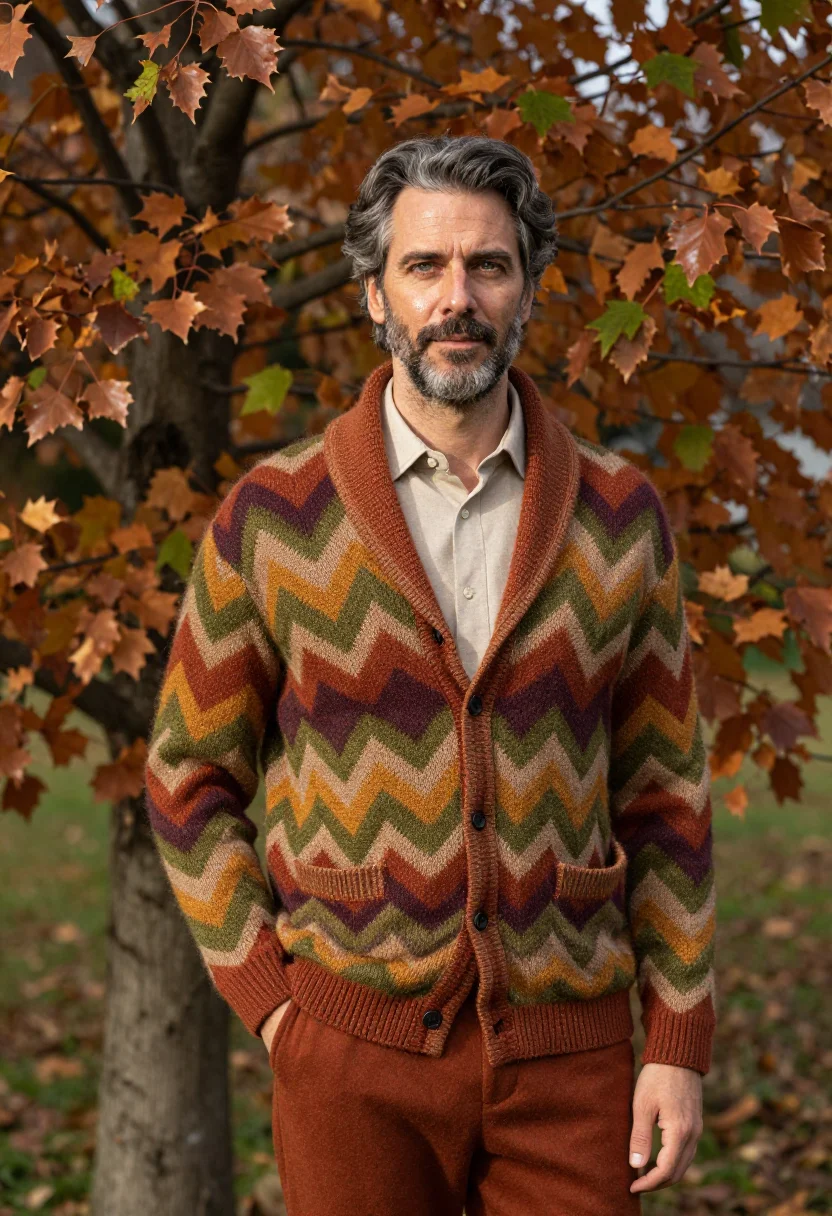 AI missoni sumirago zigzag knit autumn palette men sample — portrait of a man, a French man in his mid-forties with warm
