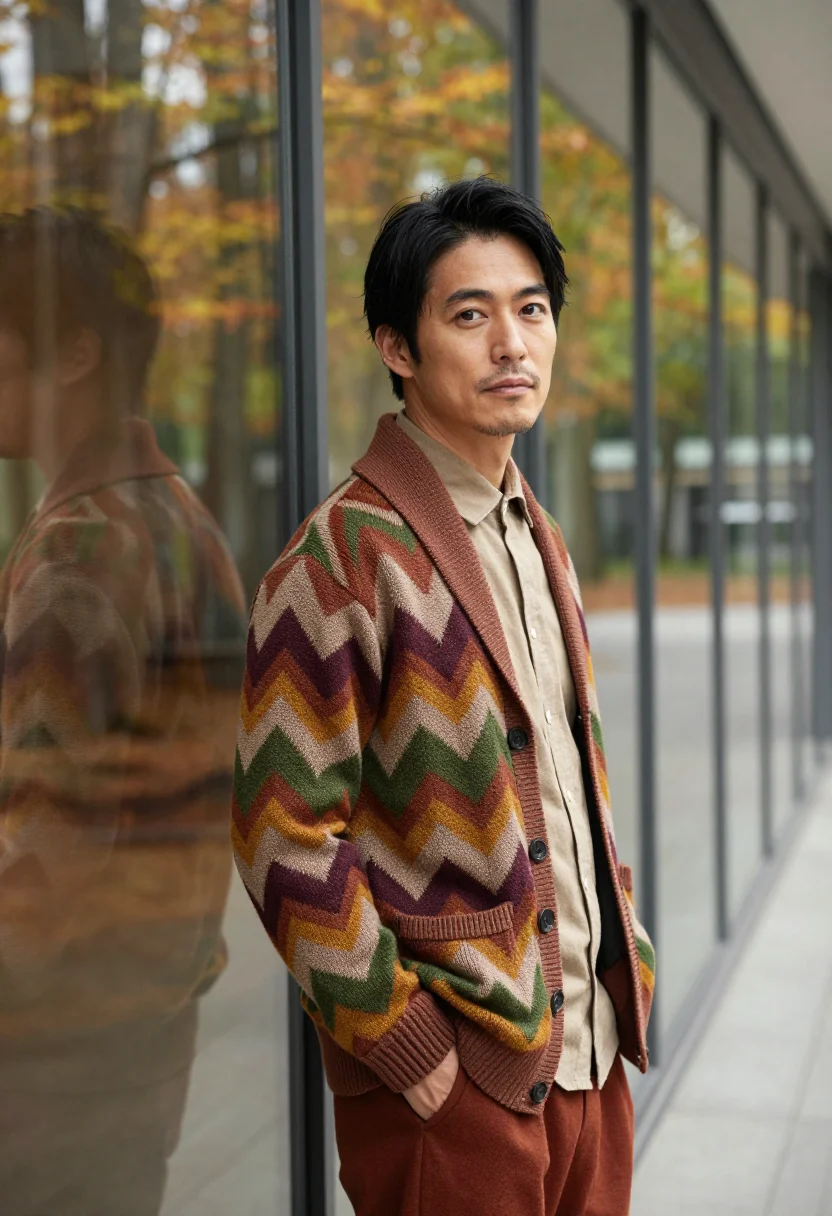 AI missoni sumirago zigzag knit autumn palette men sample — portrait of a man, a Japanese man in his mid-thirties with w