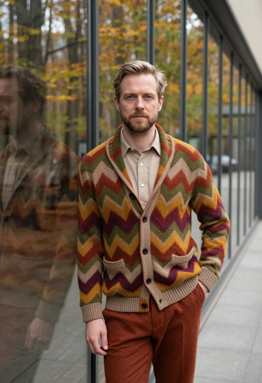 AI missoni sumirago zigzag knit autumn palette men sample — portrait of a man, a Dutch man in his early forties with fai