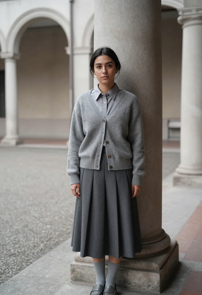 AI miu miu milano pleated skirt slate grey sample — portrait of a woman, a French woman in her early twenties wi
