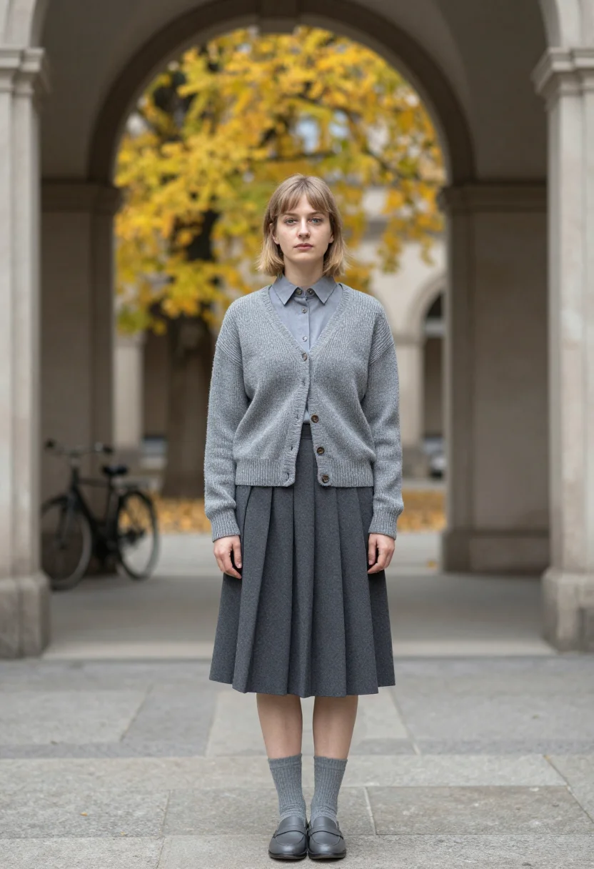 AI miu miu milano pleated skirt slate grey sample — portrait of a woman, a Czech woman in her early twenties wit