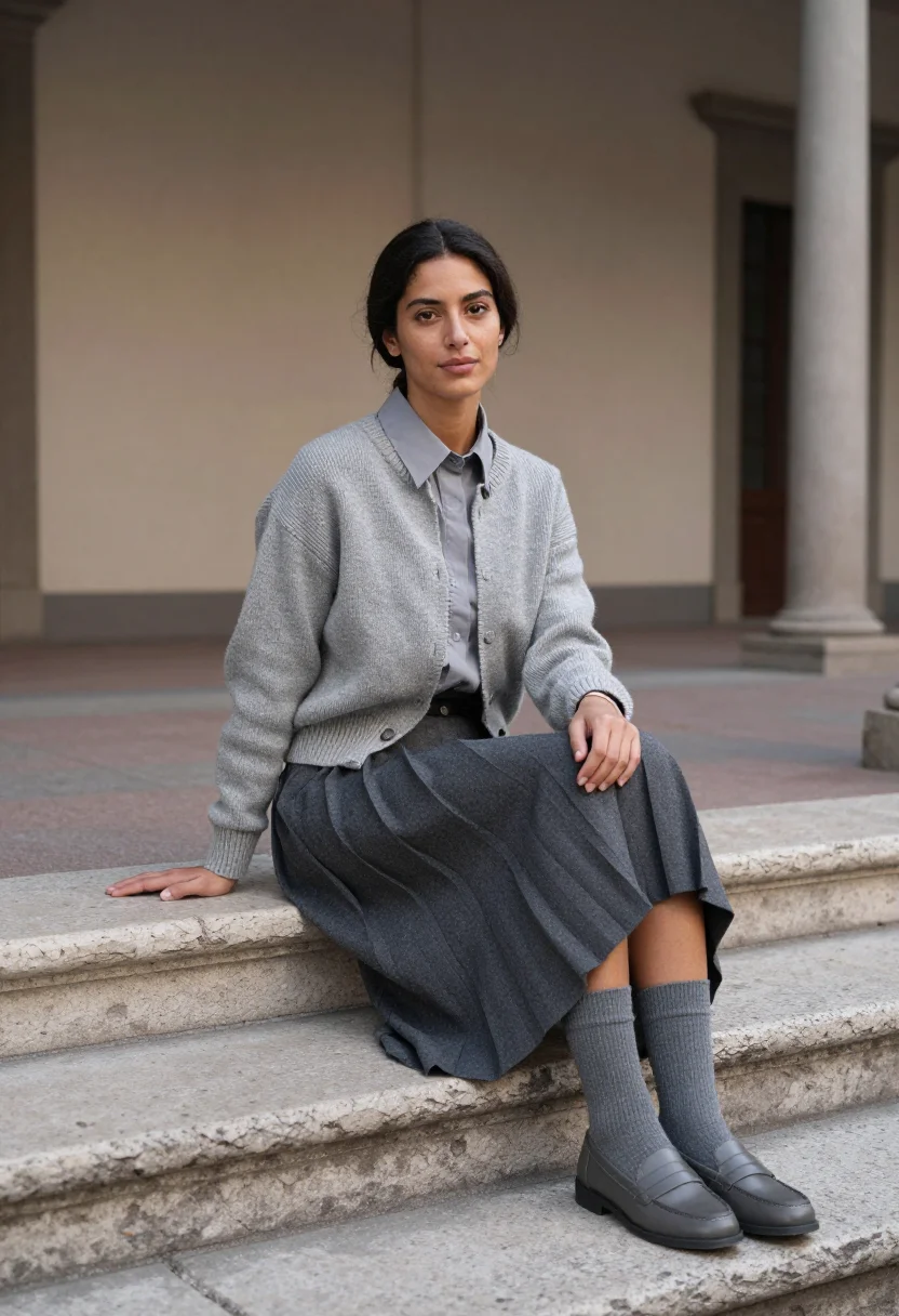 AI miu miu milano pleated skirt slate grey sample — portrait of a woman, a Spanish woman in her late twenties wi