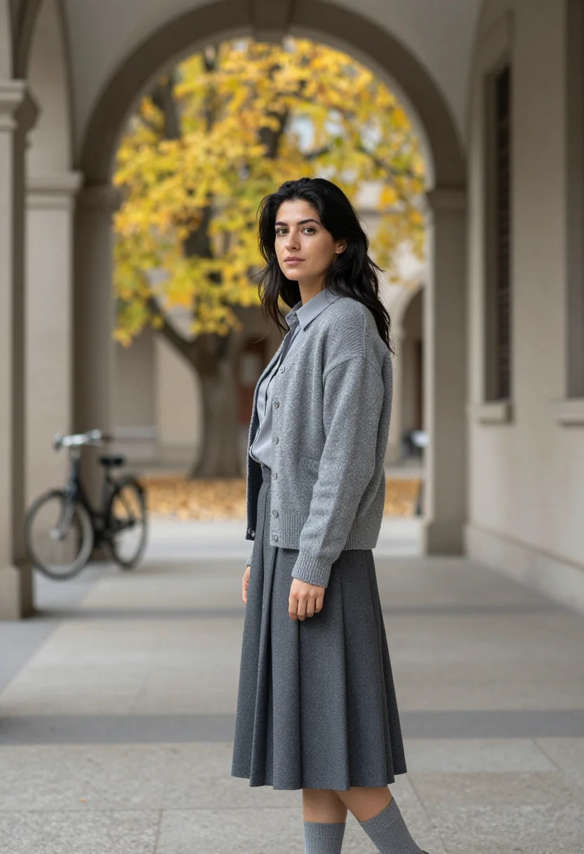 AI miu miu milano pleated skirt slate grey sample — portrait of a woman, a Sicilian woman in her mid-twenties wi