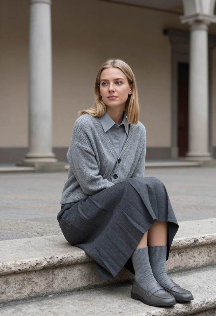 AI miu miu milano pleated skirt slate grey sample — portrait of a woman, a Dutch woman in her mid-twenties with