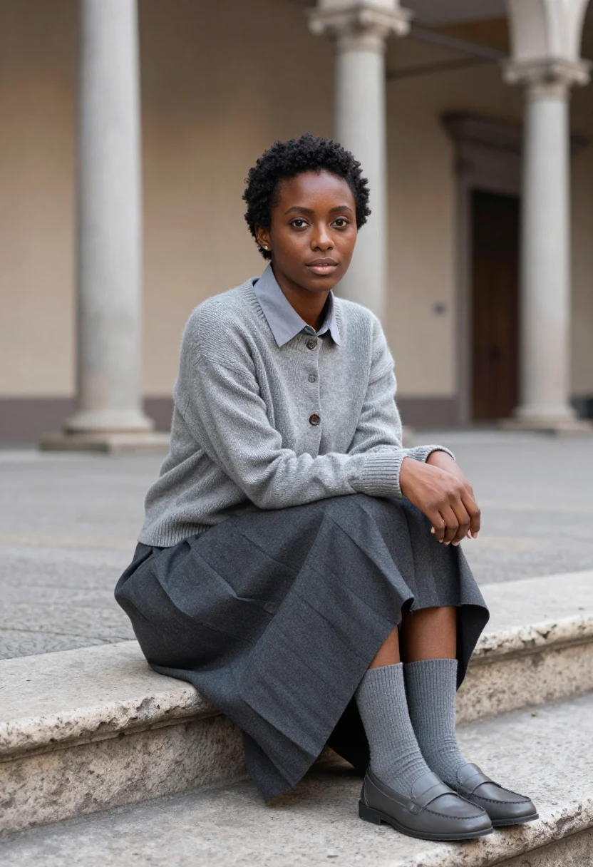 AI miu miu milano pleated skirt slate grey sample — portrait of a woman, an Ethiopian-Italian woman in her early
