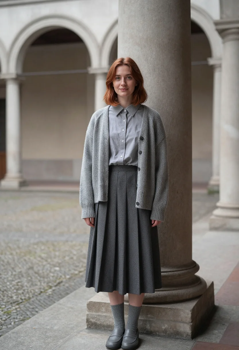 AI miu miu milano pleated skirt slate grey sample — portrait of a woman, a British woman in her mid-twenties wit