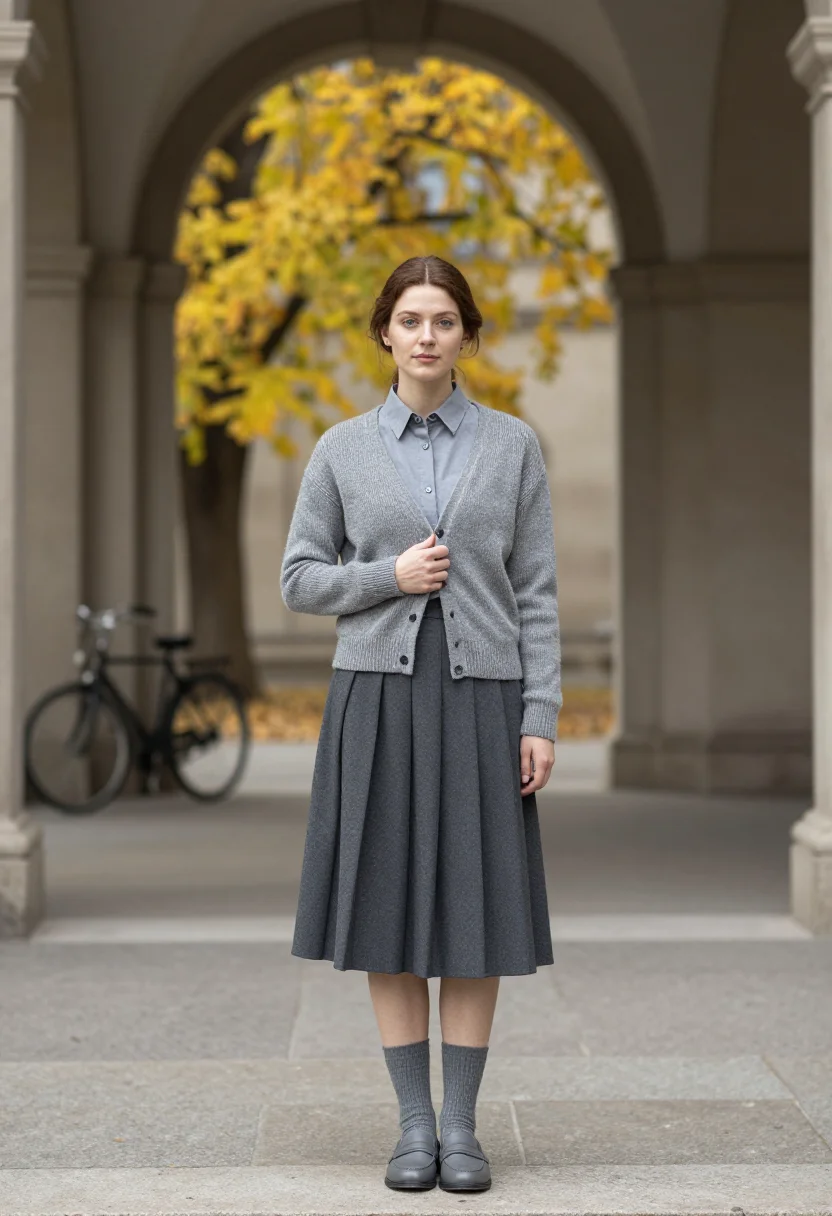 AI miu miu milano pleated skirt slate grey sample — portrait of a woman, an Irish woman in her early twenties wi