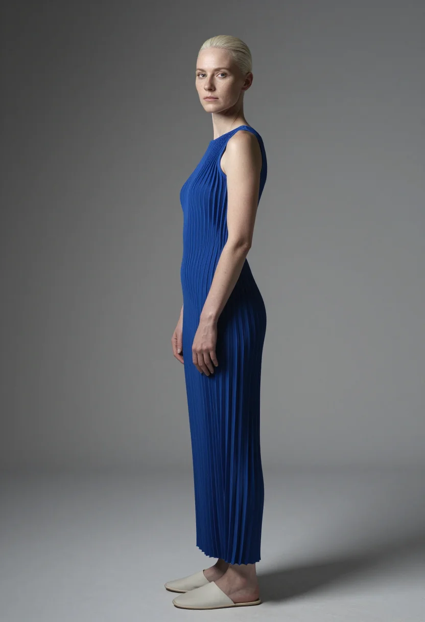 AI miyake pleats sample — portrait of a woman, three-quarter-length portrait of a West