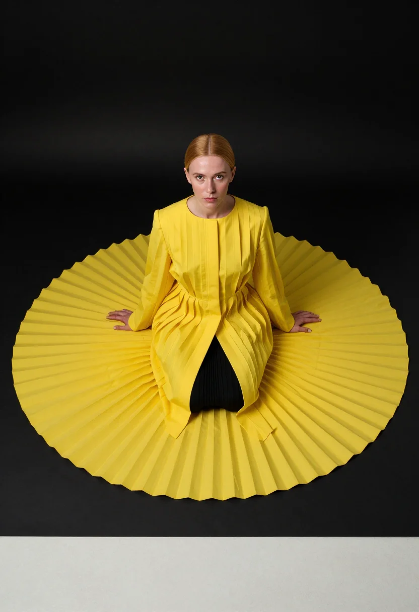 AI miyake pleats sample — portrait of a woman, full-length portrait of a Western-Europ