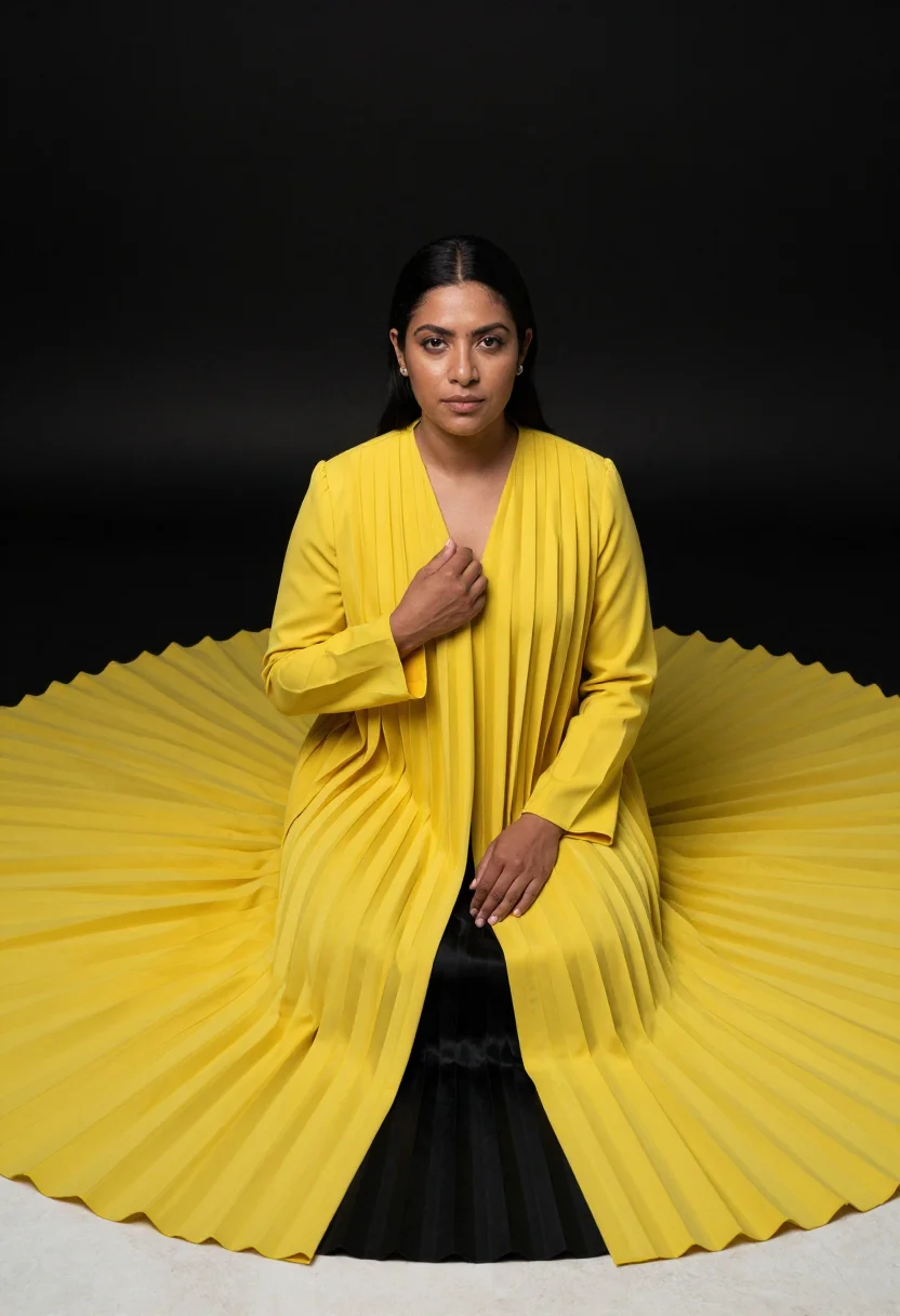 AI miyake pleats sample — portrait of a woman, half-length portrait of a Latin-America