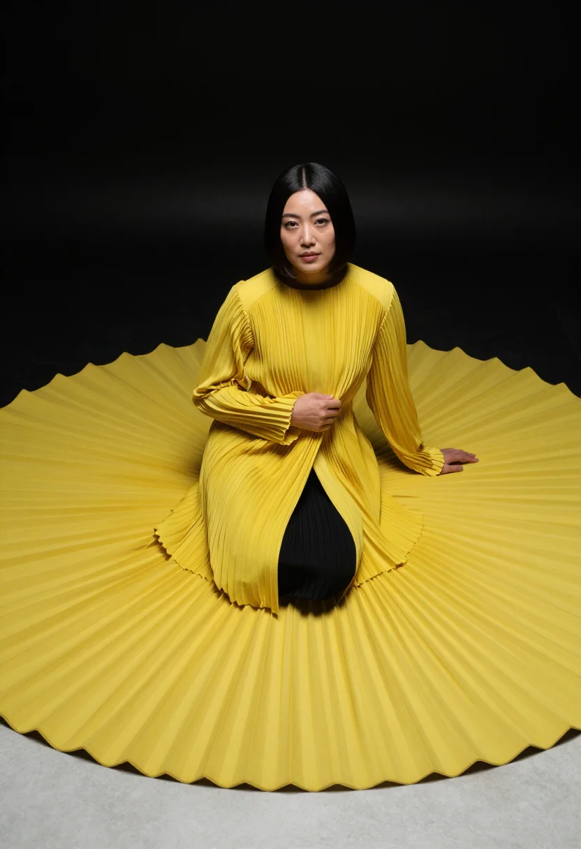 AI miyake pleats sample — portrait of a woman, three-quarter-length portrait of an Eas
