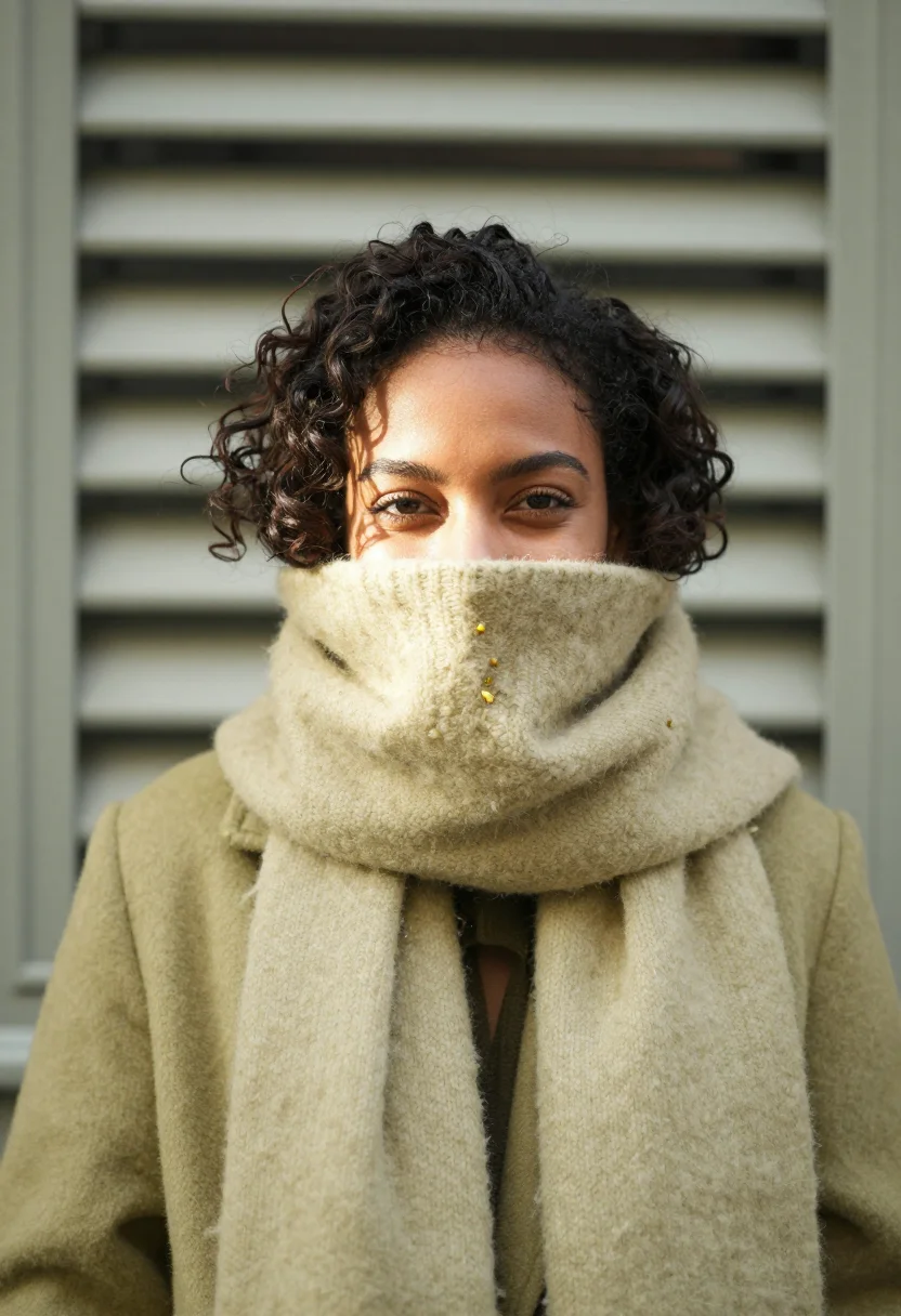 AI mohair scarf pistachio sample — portrait of a woman, framed chest-up from the ribs with the